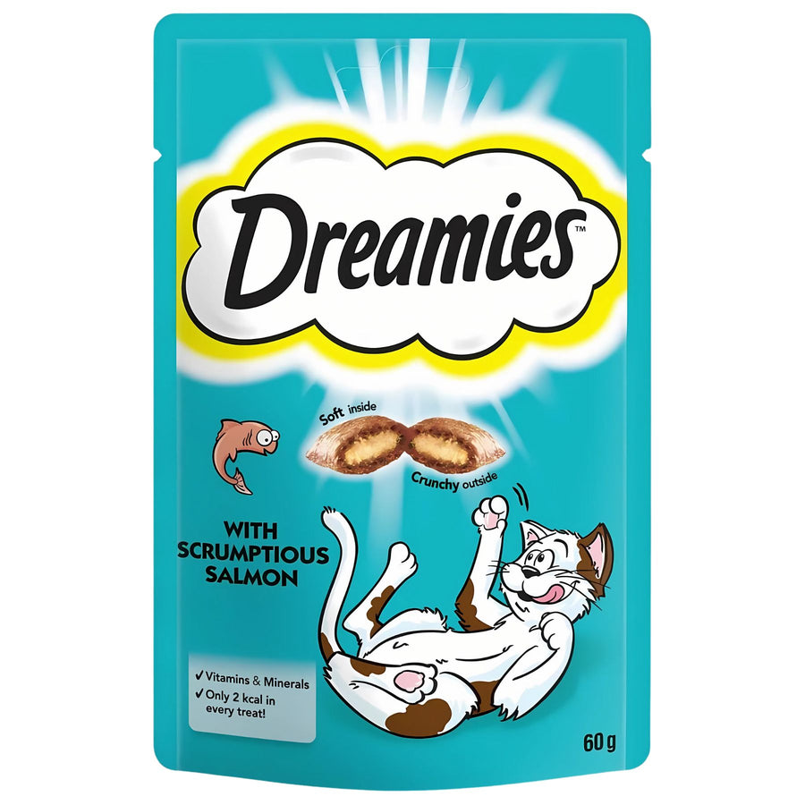 Dreamies - Scrumptious Salmon - 60g cat treats by Dreamies offer irresistible salmon flavor in a crunchy shell with a soft center, packed in a 60g bag featuring playful cat imagery.