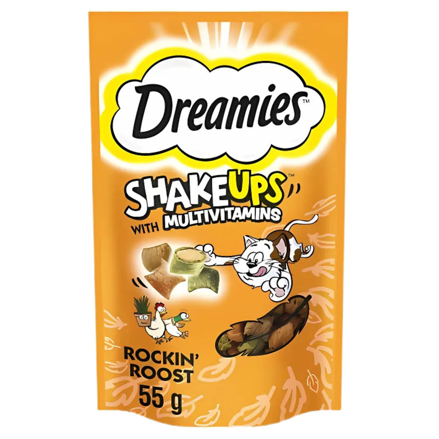 Dreamies Shakeups with Multivitamins Rockin Roost Cat Treats (55g) by Dreamies come in a vibrant orange pack featuring cartoon cats and treats.