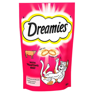 Dreamies Tempting Beef Treats (60g) by Dreamies come in a pink bag filled with crunchy bites, perfect for rewarding your feline friend at mealtime.