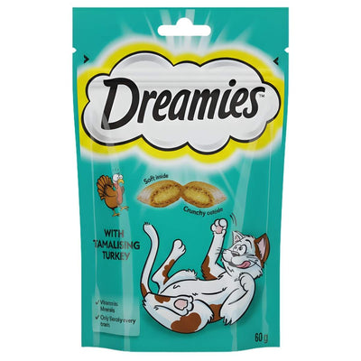 A 60g bag of Dreamies Turkey Cat Treats by Dreamies, featuring turkey flavor and a playful cartoon cat and turkey illustration on the front.