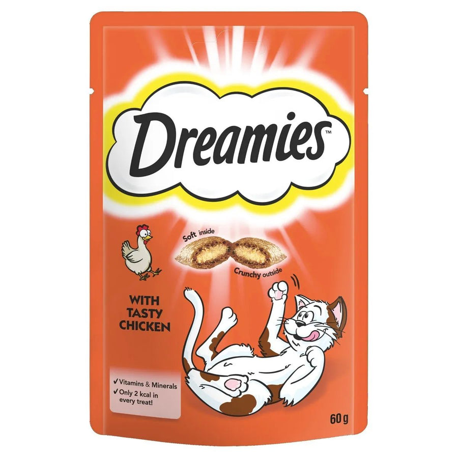 A 60g orange packet of Dreamies - Tasty Chicken cat treats by Dreamies, chicken flavored, featuring an illustrated cat, chicken, and images of the snacks on the front.