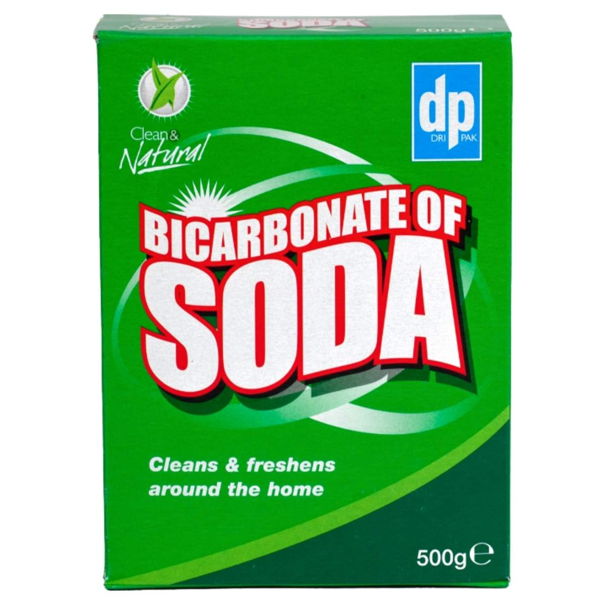 A 500g green box of Dri-Pak Bicarbonate Of Soda, labeled "Cleans & freshens around the home," is ideal for natural cleaning and baking needs.