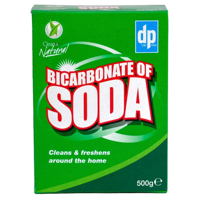 A 500g green box of Dri-Pak Bicarbonate Of Soda, labeled "Cleans & freshens around the home," is ideal for natural cleaning and baking needs.