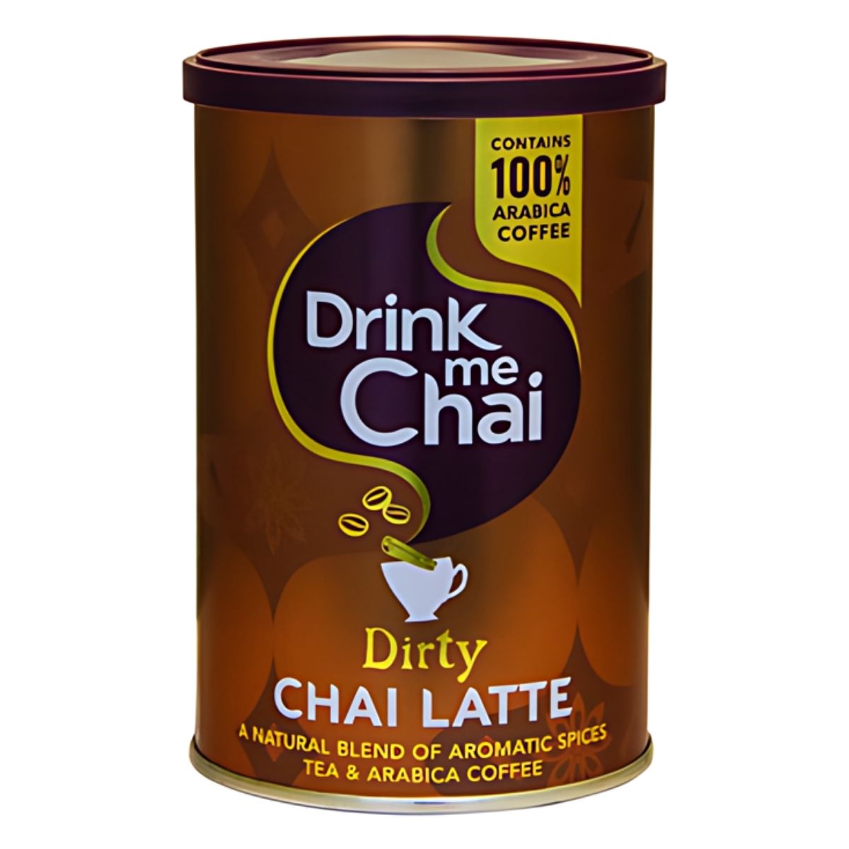 A brown cylindrical container labeled "Drink Me Chai - Dirty Chai Latte - 200g," showcasing a natural blend of aromatic spices and invigorating Arabica coffee.