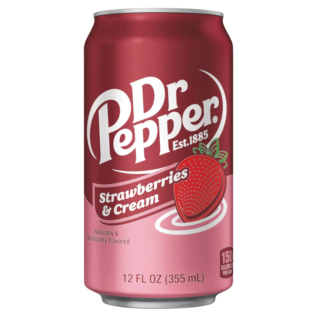 A 330ml can of Dr Pepper - Strawberries & Cream, featuring a red and pink design with a strawberry illustration and the text "Naturally & Artificially Flavored" on the label.