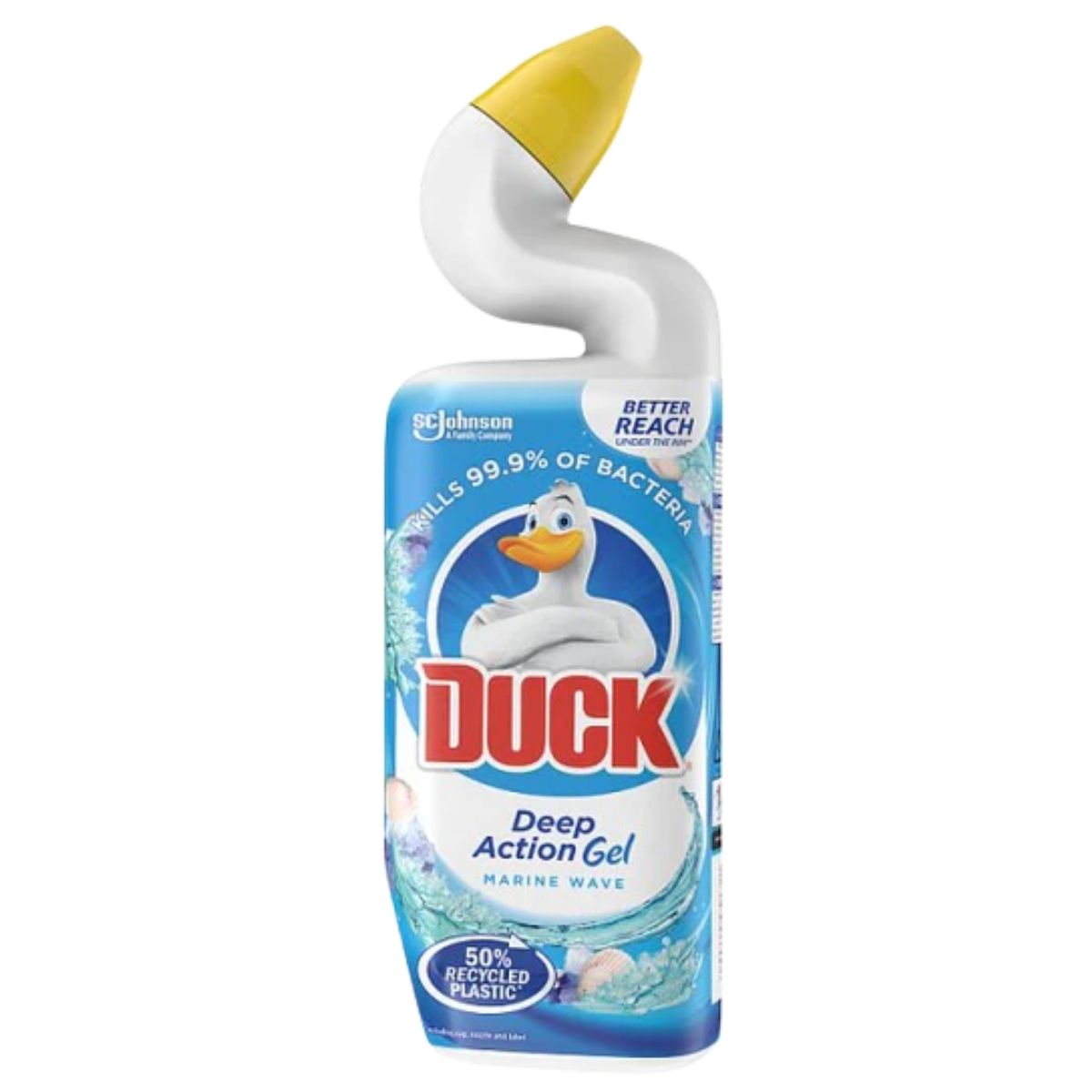 Duck - Marine Wave Deep Action Gel Toilet Cleaner (750ml) by Duck features a yellow angled nozzle, kills 99.9% of bacteria, removes limescale, and comes in a bottle made with 50% recycled plastic.