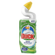 A 750ml bottle of Duck - Pine forest Deep Action Gel Toilet Cleaner with a curved yellow nozzle, featuring a white duck on a green label. Delivers deep cleaning and leaves a refreshing pine forest scent.