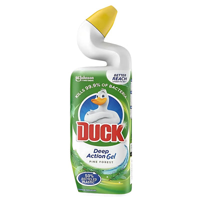 A 750ml bottle of Duck - Pine forest Deep Action Gel Toilet Cleaner with a curved yellow nozzle, featuring a white duck on a green label. Delivers deep cleaning and leaves a refreshing pine forest scent.