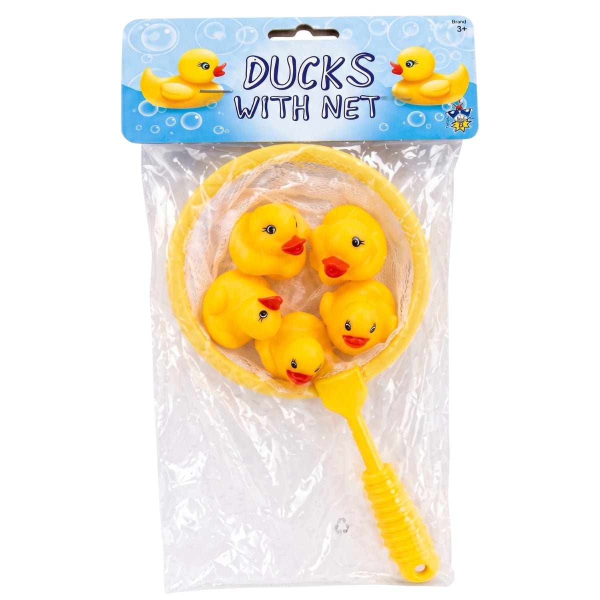 Pack of five yellow rubber ducks with a yellow plastic net, sealed in clear plastic packaging with a blue header card labeled 'DUCKS WITH NET'.