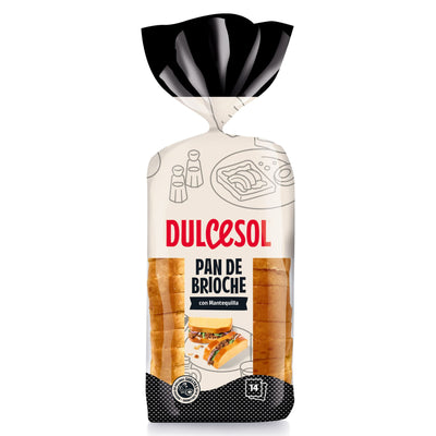 Dulcesol - Brioche Loaf Sliced - 450g comes in clear plastic wrapping with a white and black label; this soft, buttery sliced brioche is perfect for making delicious French toast.