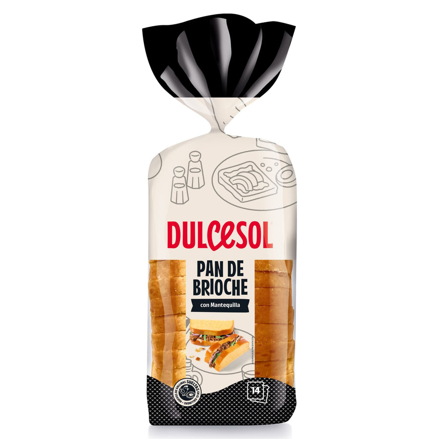 Dulcesol - Brioche Loaf Sliced - 450g comes in clear plastic wrapping with a white and black label; this soft, buttery sliced brioche is perfect for making delicious French toast.