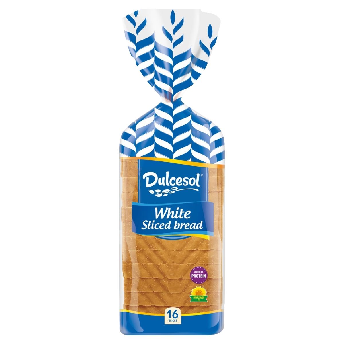 The 460g Dulcesol white sliced bread, ideal for delicious sandwiches, contains 16 slices and is labeled a source of protein.