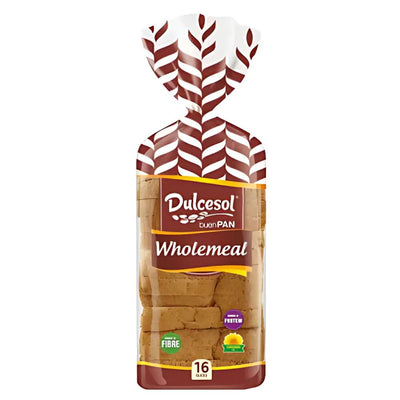 A 460g pack of Dulcesol Wholemeal Sliced Bread with 16 slices comes in brown and white packaging decorated with fiber and fruit icons.