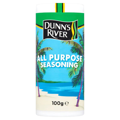 A 100g cylindrical container of Dunn's River All Purpose Seasoning displays a tropical beach illustration on its label.
