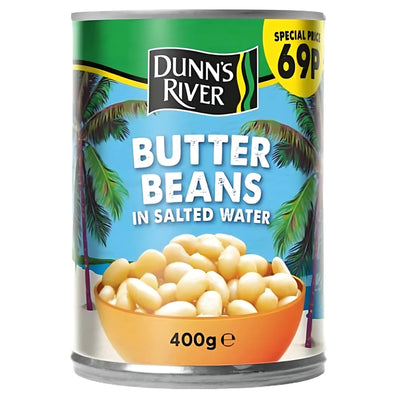 A 400g can of Dunn's River Butter Beans in Salted Water, great for world recipes, is packed with protein and costs just 69p. The product label is located on the top right corner.