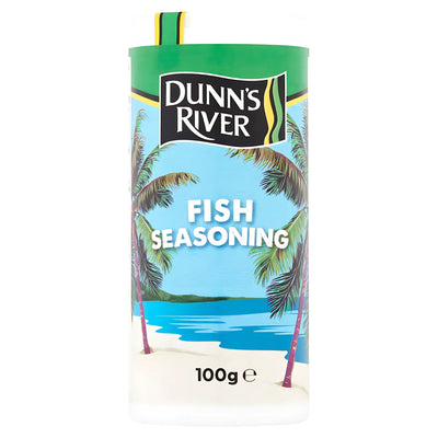 A 100g container of Dunn's River Fish Seasoning, featuring a tropical beach and palm tree label design.