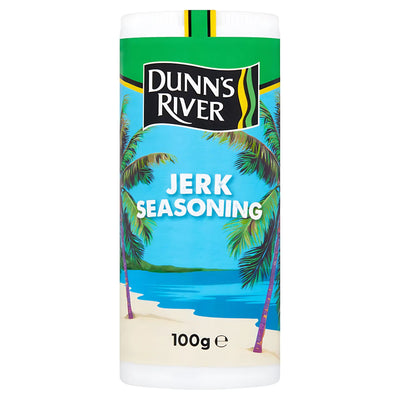 A 100g container of Dunn's River Jerk Seasoning adds bold Caribbean flavour to your meals—the label features a beach scene with palm trees.