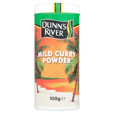 Dunn's River - Mild Curry Powder - 100g comes in a vibrant container with a tropical sunset label, offering a perfect blend of spices and seasonings for your favorite dishes.
