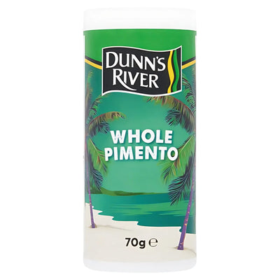 A 70g container of Dunn's River - Whole Pimento, a classic Caribbean spice with whole pimento berries, comes in packaging featuring a tropical beach scene.