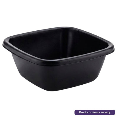 The Dunya Square Basin 9.5 Litre (1pc) features a black, BPA-free plastic build with rounded edges. A corner label notes: "Product colour can vary." Brand: Dunya.