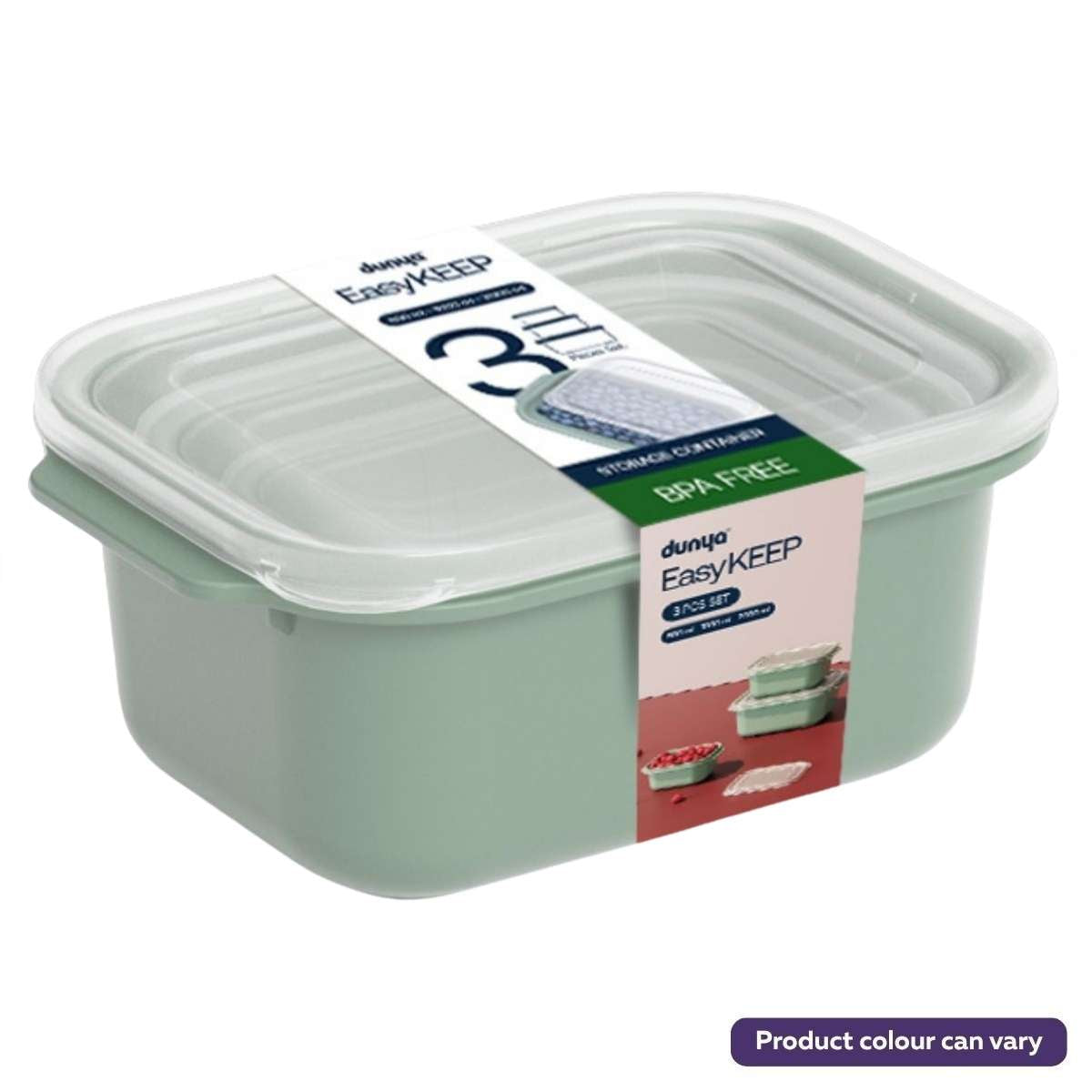 Dunya Easykeep Plastic Food Storage Container - 3Pcs by Dunya. Rectangular, BPA-free, dishwasher safe, stackable for easy organization. Includes clear lids; container color may vary.