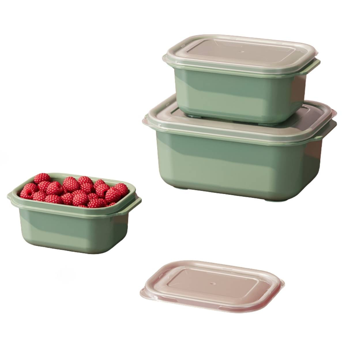 Three rectangular Dunya - Easykeep Plastic Food Storage Containers by Dunya are stacked, while one container holds raspberries with its lid set aside.
