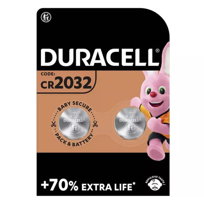 The Duracell CR2032 Batteries 2pcs pack, known for the pink bunny mascot, offers "Baby Secure" features and promises +70% extra life for extended energy.