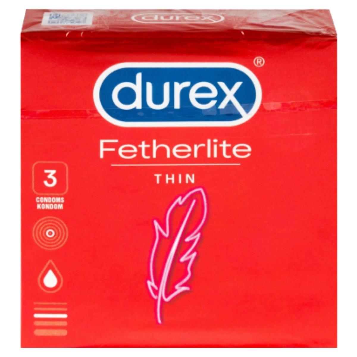 A red box of Durex Fetherlite Thin Condoms (3 pcs) features the Durex logo, a feather graphic, and text indicating "3 condoms" and "thin," made from natural rubber latex for enhanced sensitivity.