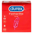 A red box of Durex Fetherlite Thin Condoms (3 pcs) features the Durex logo, a feather graphic, and text indicating "3 condoms" and "thin," made from natural rubber latex for enhanced sensitivity.