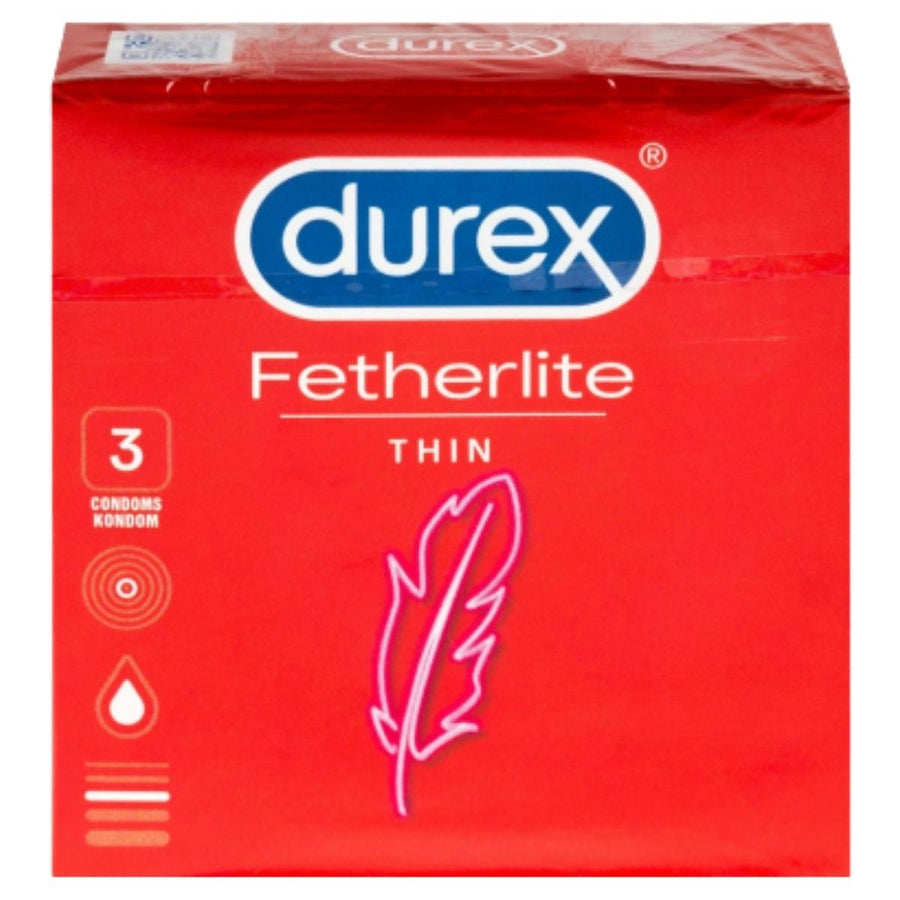 A red box of Durex Fetherlite Thin Condoms (3 pcs) features the Durex logo, a feather graphic, and text indicating "3 condoms" and "thin," made from natural rubber latex for enhanced sensitivity.
