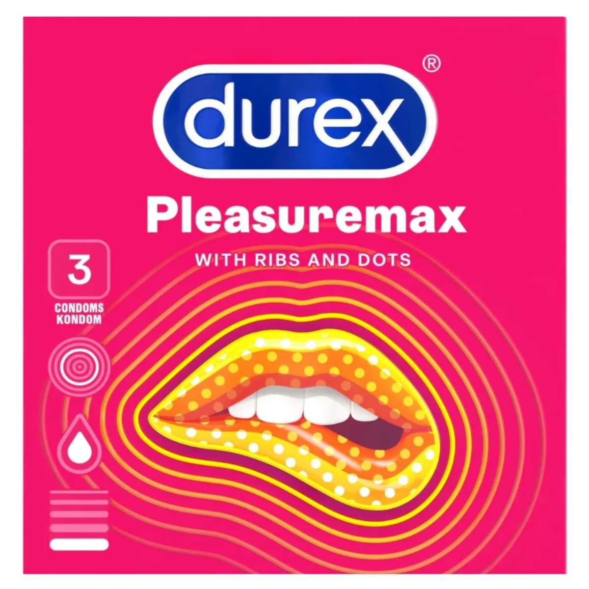 The Durex - Pleasuremax Condoms With Dots And Ribs - 3 Pack packaging showcases lips and text emphasizing the ribs and dots for enhanced sensation, while its bright red and yellow design with a water drop icon promises added excitement and pleasure.