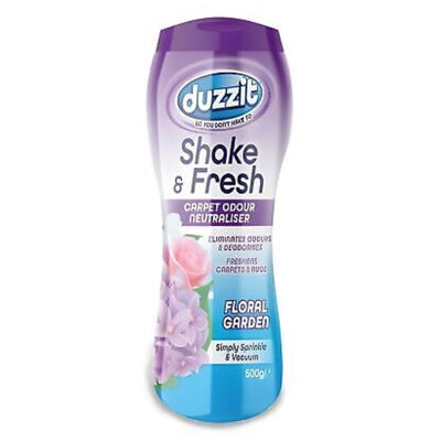Bottle of Duzzit - Carpet Odour Neutraliser Floral Garden - 500g with a floral garden scent.
