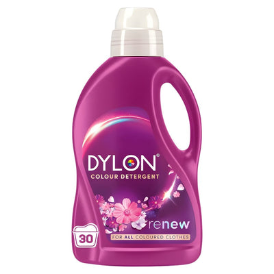 Dylon Renew Colour Laundry Detergent Blossom, 1.5L, for coloured clothes, features a pink and purple floral design and blossom scent, with a 30-wash capacity indicated on the label.