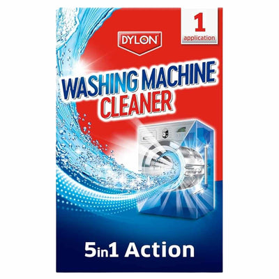 Dylon Washing Machine Cleaner 75g, single use. Deep cleans and removes limescale for lasting freshness. Features a washing machine and water splash image on the box. 5 in 1 action by Dylon.