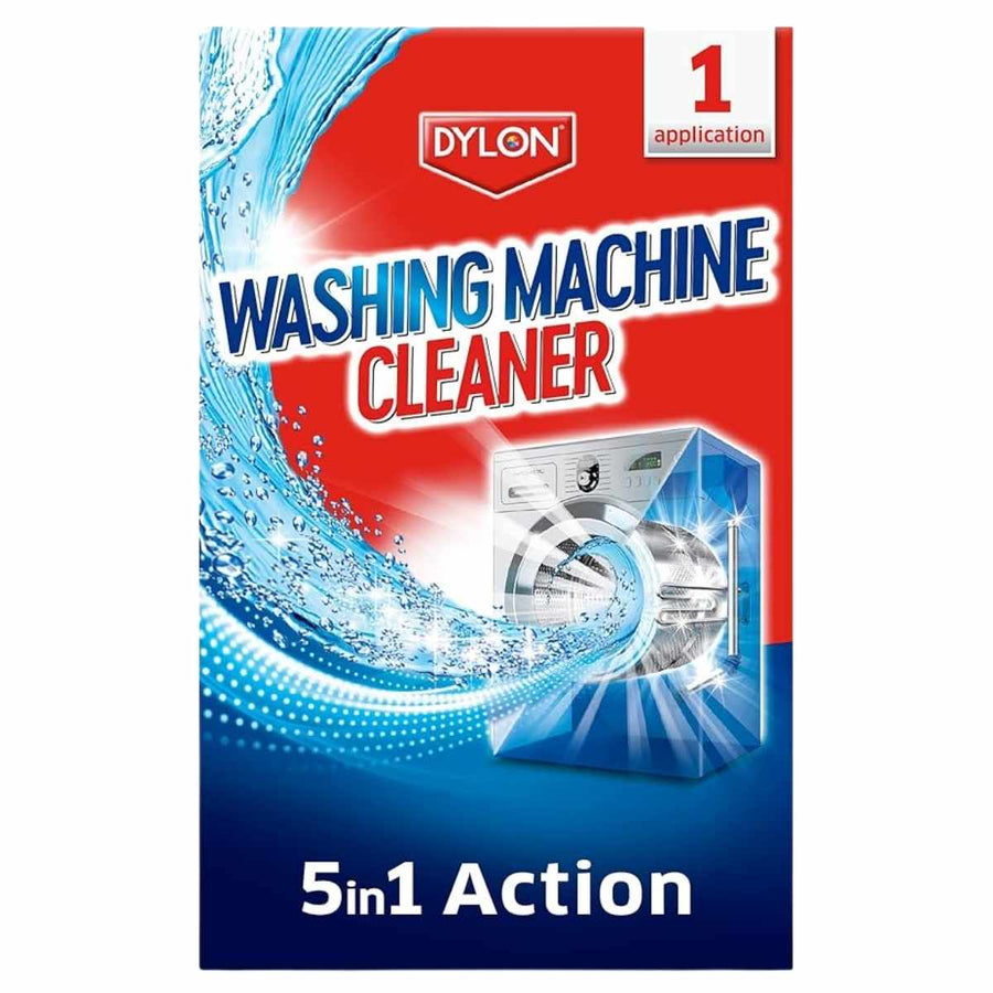 Dylon Washing Machine Cleaner 75g, single use. Deep cleans and removes limescale for lasting freshness. Features a washing machine and water splash image on the box. 5 in 1 action by Dylon.
