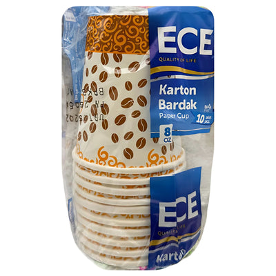 ECE Coffee Paper Cups 240ml, 10-pack, eco-friendly with coffee bean designs, neatly packaged in clear plastic wrap.