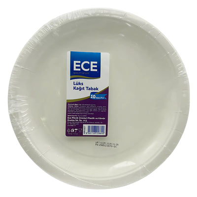 A pack of 10 ECE Luxury Paper Plates White, 22.5 cm, wrapped in plastic with product details on a blue and purple sticker.