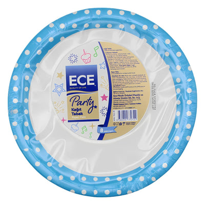 ECE - Paper Party Plates Blue - 8 Pack: Stylish blue disposable plates with a white polka dot design by ECE, labeled "Party Kağıt Tabak" in Turkish—perfect for your next celebration.