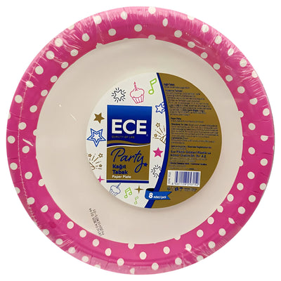 ECE Paper Party Plates Pink - 8 Pack by ECE features round pink plates with a white polka dot border—stylish, disposable, and perfect for any celebration.