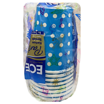 ECE Party Paper Cups Blue 240ml (10 Pack) by ECE—these disposable cups feature a blue polka dot design and come sealed in colorful, clear packaging, perfect for any celebration or occasion.