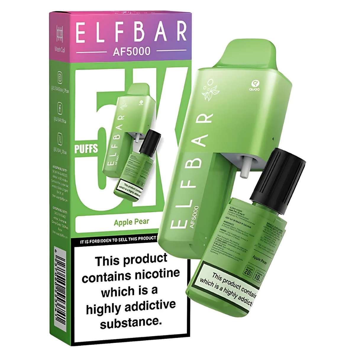 The ELFBAR - AF5000 Apple Pear Prefilled Kit (20mg) comes in a green box with a vape device that has a mesh coil for enhanced flavor and offers up to 5000 puffs. The box warns that nicotine is highly addictive.