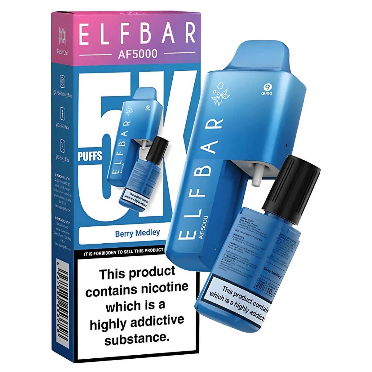 Image of an ELFBAR - AF5000 Berry Medley Prefilled Kit (20mg) with packaging. Text states: "This product contains nicotine which is a highly addictive substance." Features USB Type-C charging and offers up to 5000 puffs.