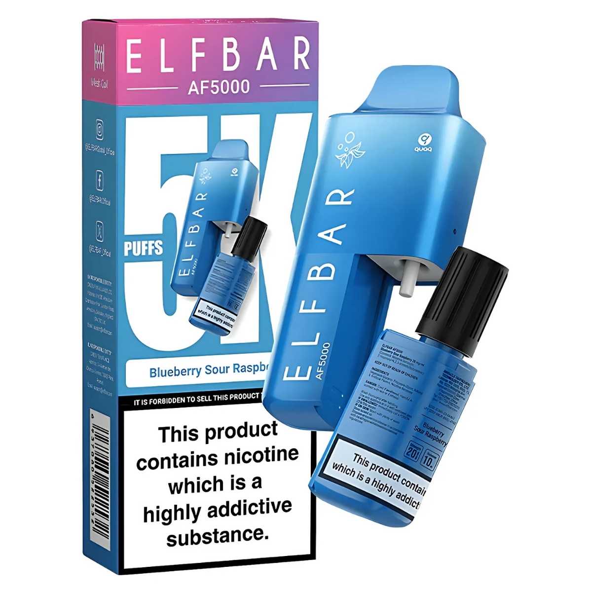 ELFBAR - AF5000 Blueberry Sour Raspberry Prefilled Vape Kit - 20mg features a mesh coil, e-liquid bottle, and packaging displaying "5000 puffs." Caution: Nicotine is highly addictive. Flavor: blueberry sour raspberry.
