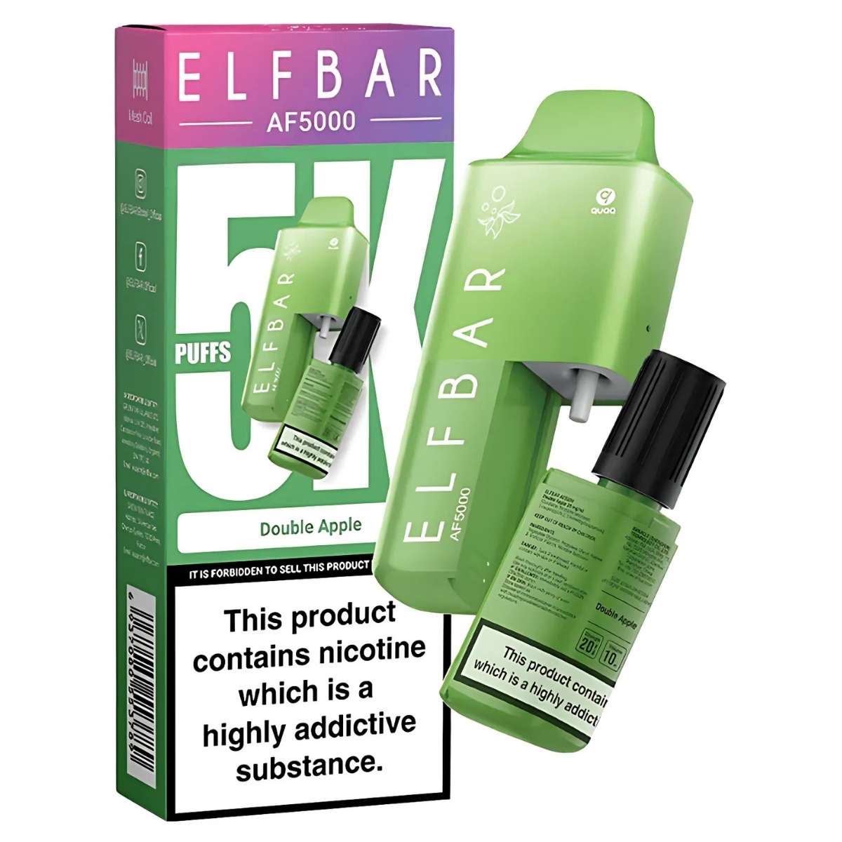 Image of a green Elfbar AF5000 Double Apple vape device and packaging. The rechargeable 20mg Nicotine kit is labeled "Elfbar," featuring "USB Type-C charging." Offers 5000 puffs and includes a nicotine warning.