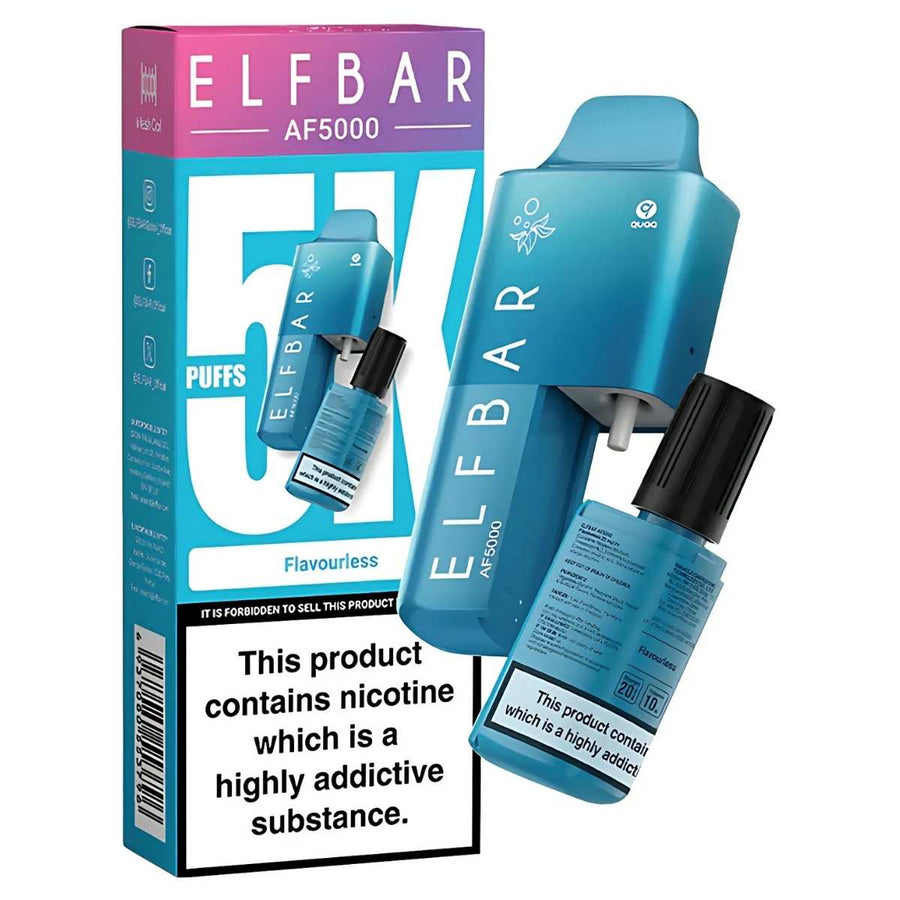 ELFBAR - AF5000 Flavourless Prefilled Vape Kit - 20mg shown with packaging, refill bottle, and device; offers up to 5000 puffs, USB-C charging. Warning: Product contains highly addictive nicotine.