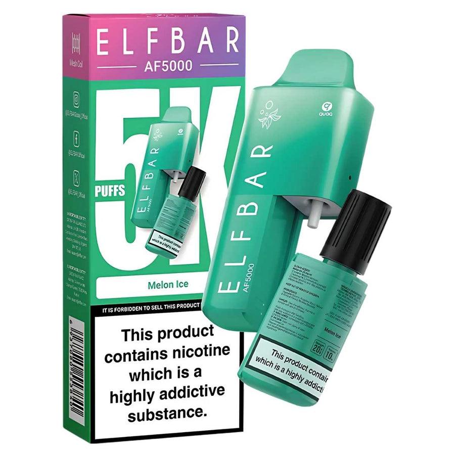 ELFBAR AF5000 Melon Ice Prefilled Vape Kit 20mg and e-liquid bottle shown next to packaging with a nicotine addiction warning. Provides up to 5000 puffs and has USB Type-C charging for the rechargeable AF5000 device.