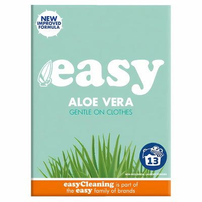 Easy - Aloe Vera Washing Powder 13 Washes (884g), labeled "Gentle on clothes" and "New improved formula," is a sensitive skin detergent with effective stain removal, designed for 13 washes.