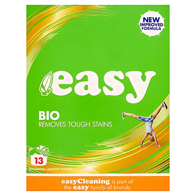 Green box of Easy - Bio Washing Powder 13 Washes (884g) with white text, a cartwheeling figure, and labels: "Removes Tough Stains," "New Improved Formula," and "Effective Stain Removal with Biodegradable Formula.