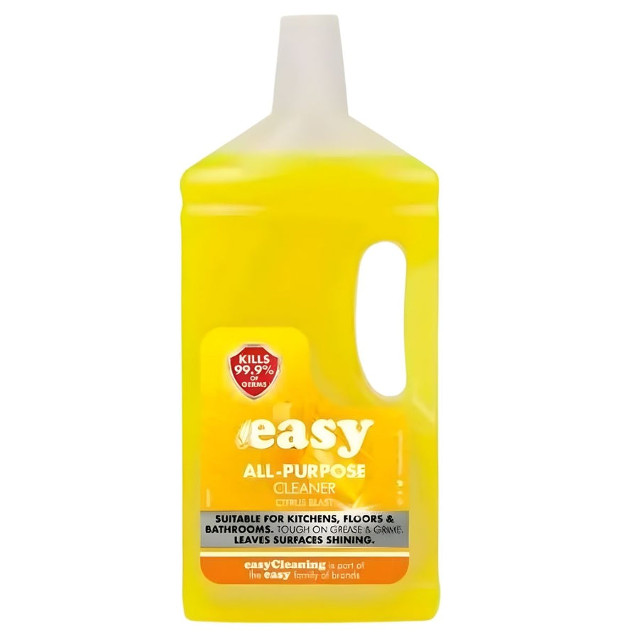 The Easy - Citrus Blast All Purpose Cleaner (1L) is a yellow bottle with a handle, kills 99.9% of bacteria, and provides natural citrus cleaning power for everyday use on multiple surfaces.