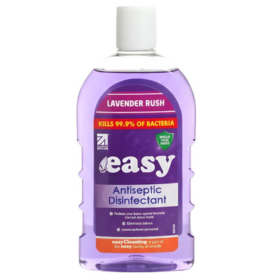 Easy - Lavender Rush Antiseptic Disinfectant (500ml) by Easy features purple liquid and a white cap. It kills 99.9% of bacteria and is ideal as an antiseptic disinfectant and household surface cleaner.